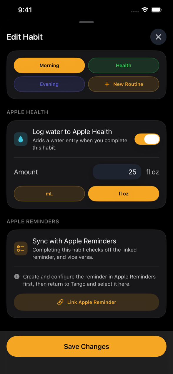 Tango habit editor with routines, Apple Health water logging, and Apple Reminders sync