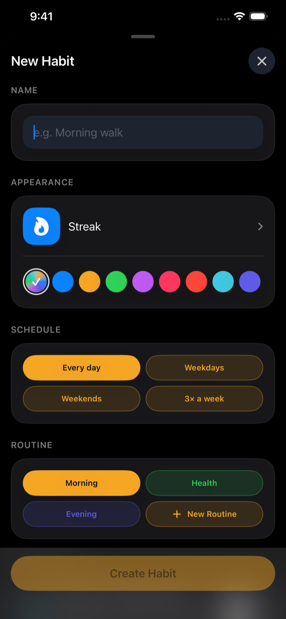 Tango new habit screen with icon, color, schedule, and routine options