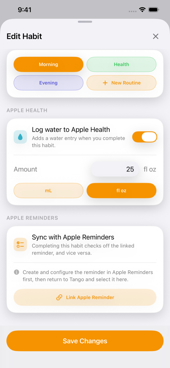 Tango habit editor with routines, Apple Health water logging, and Apple Reminders sync