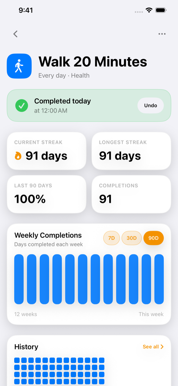 Tango habit detail showing a 91-day streak, weekly completions, and history