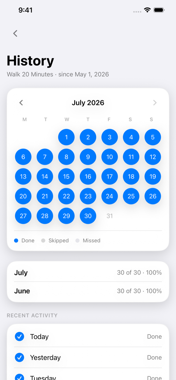 Tango habit history calendar with done, skipped, and missed days