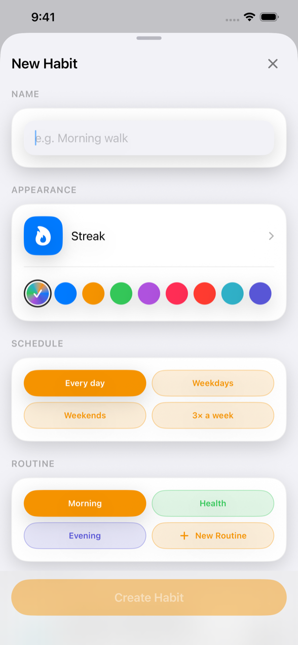 Tango new habit screen with icon, color, schedule, and routine options